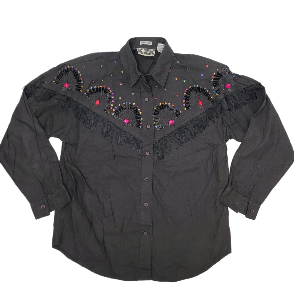 Kzk vintage fringe sequine cowboy button up shirt size Medium.